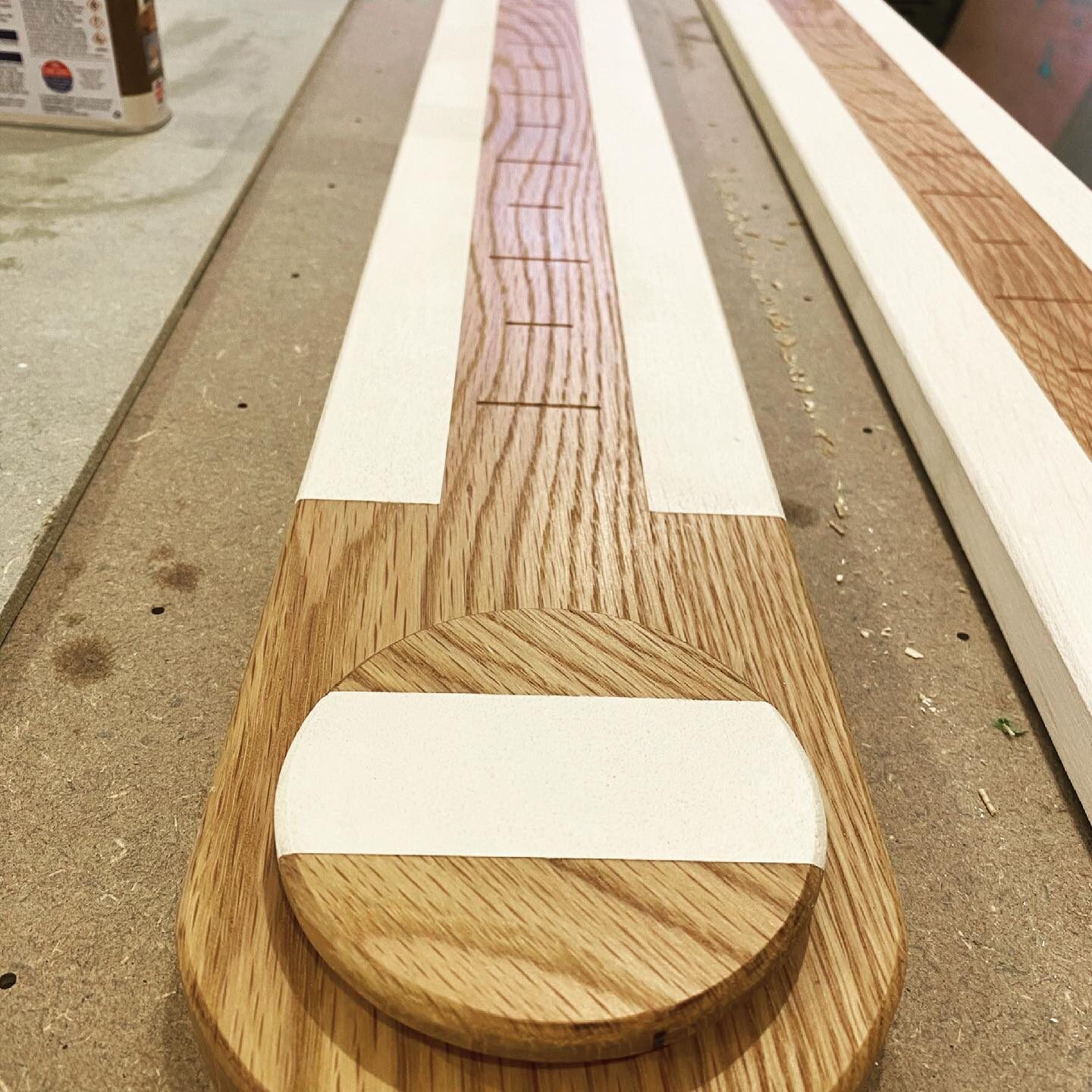 Oak and resin joinery pieces in the workshop